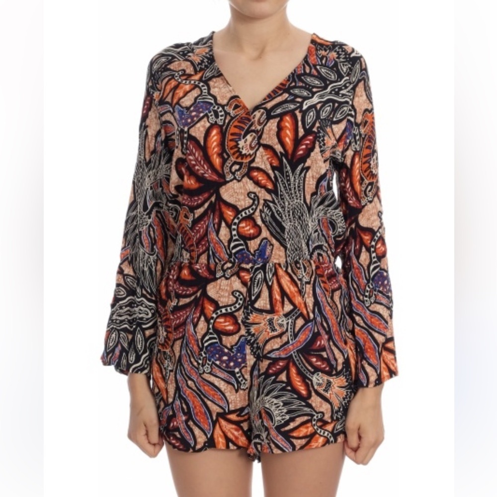 H&M animal African print long flare sleeve romper size 14